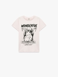 Anime Baskılı Kısa Kollu Bisiklet Yaka Pamuklu Tişört