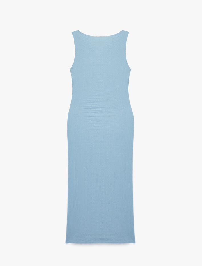  Asimetrik Yaka Metal Aksesuarlı Kolsuz Drapeli Bodycon Maxi Elbise