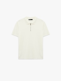 Regular Fit Viskon Yarım Fermuarlı Kısa Kollu Triko Tişört