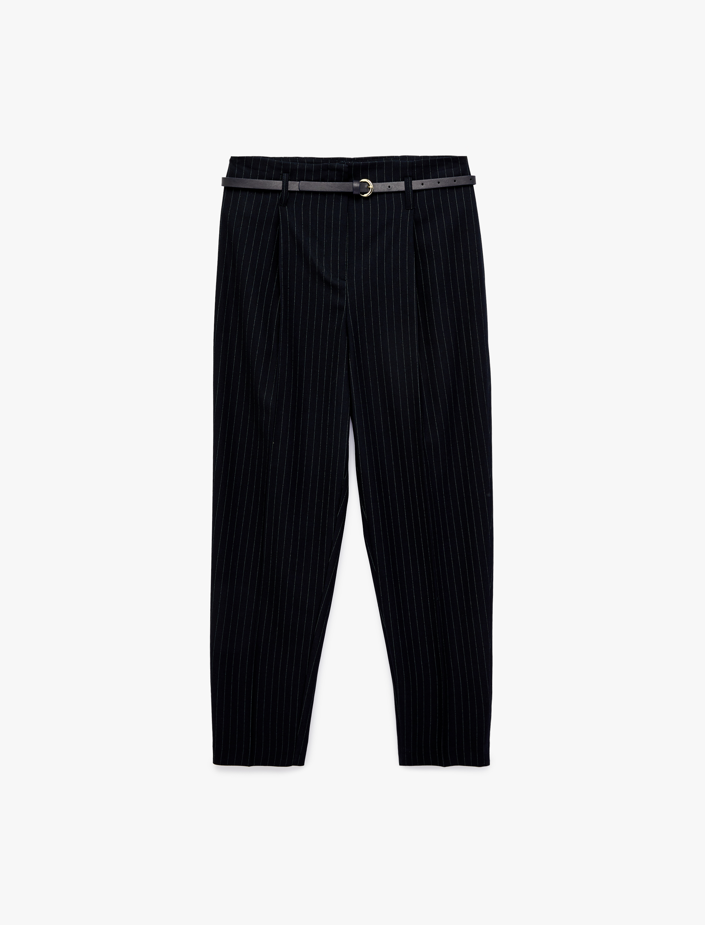   Kemer Detaylı Yüksek Bel Cepli Çizgili Havuç Pantolon