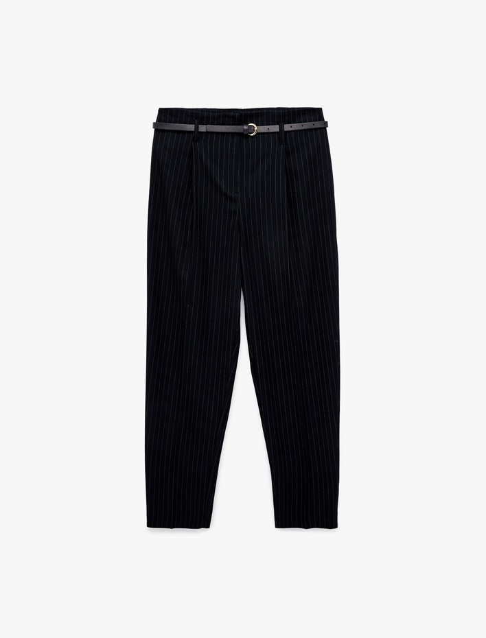  Kemer Detaylı Yüksek Bel Cepli Çizgili Havuç Pantolon