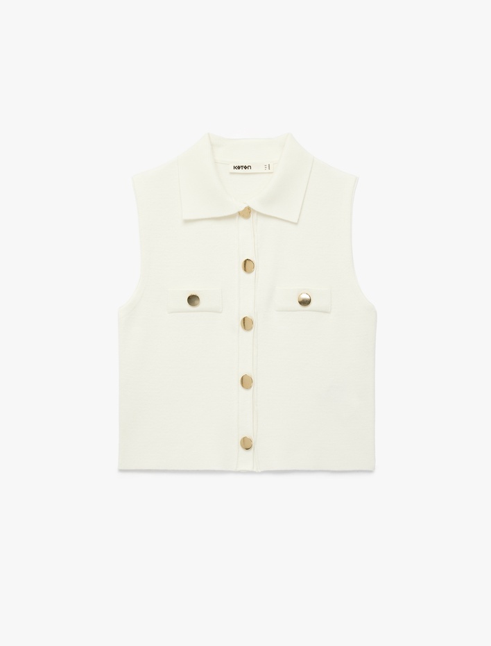  Regular Fit Gömlek Yaka Düğmeli Aplike Detaylı Triko Yelek