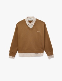 Şardonlu Uzun Kollu Gömlek Yaka Rahat Kalıp Nakışlı Sweatshirt