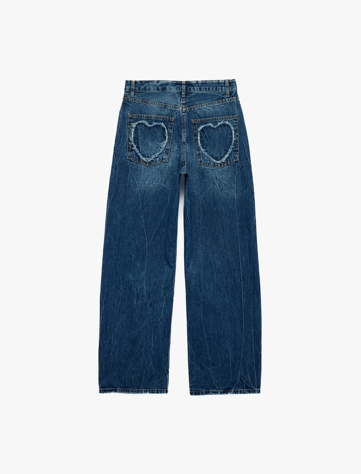  Regular Fit Cep Detaylı Yıkamalı Düz Paça Denim Pantolon - Baggy Jeans