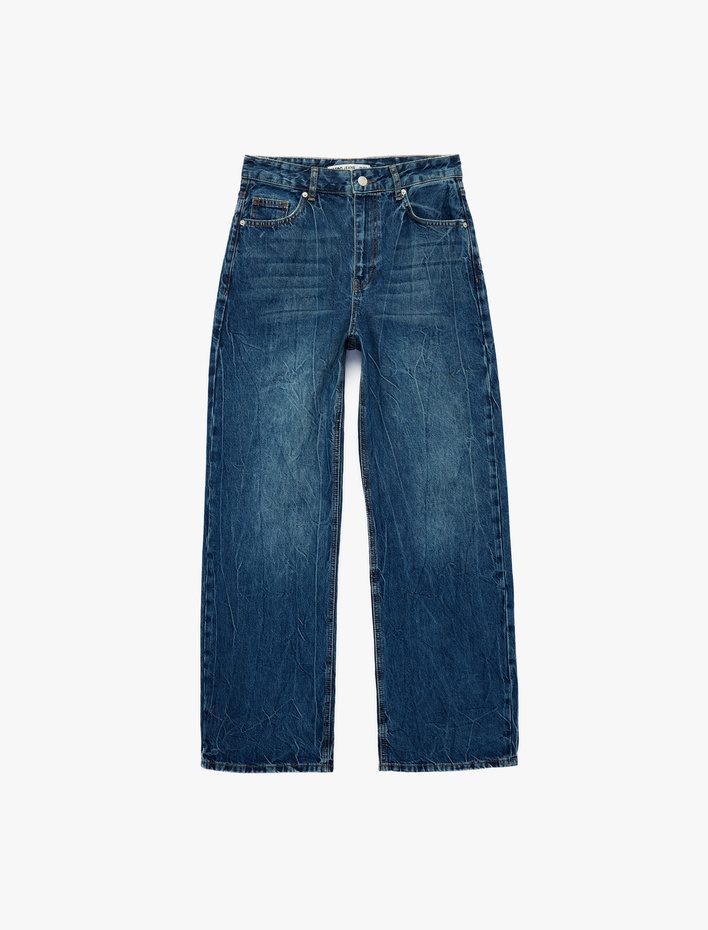  Regular Fit Cep Detaylı Yıkamalı Düz Paça Denim Pantolon - Baggy Jeans