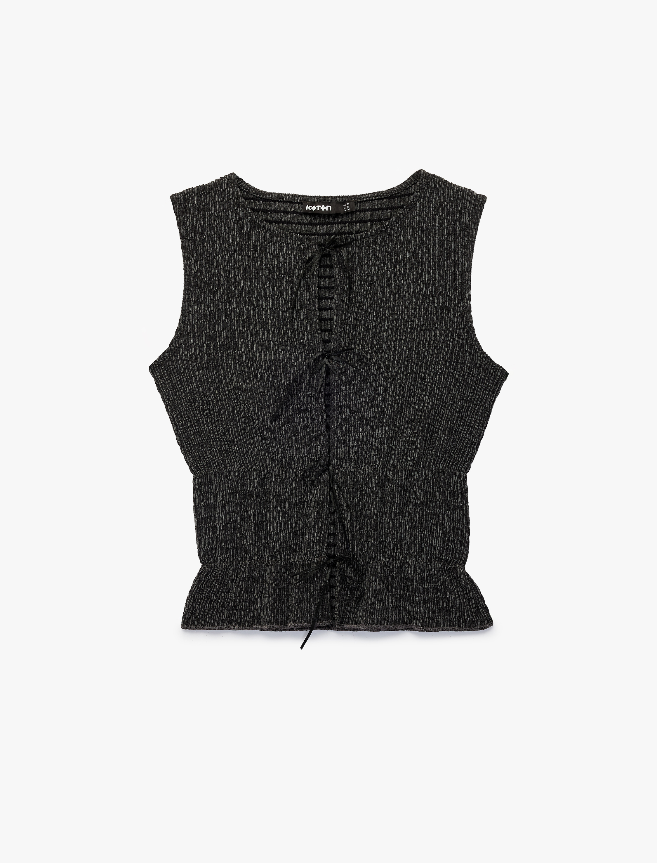   Bürümcük Kumaş Bisiklet Yaka Önden Bağlamalı Fiyonk Detaylı Kolsuz Bluz