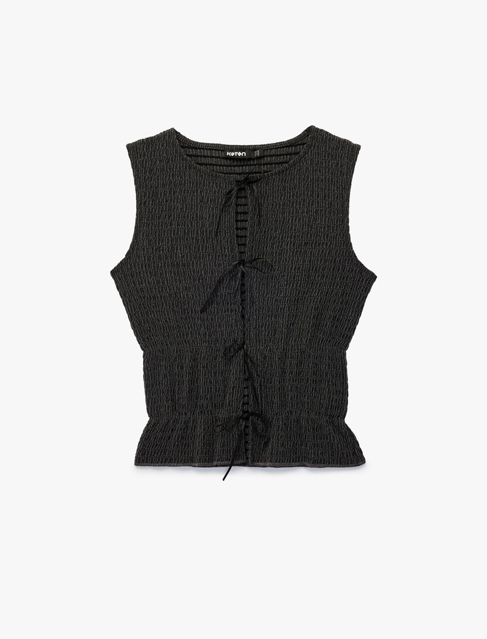  Bürümcük Kumaş Bisiklet Yaka Önden Bağlamalı Fiyonk Detaylı Kolsuz Bluz