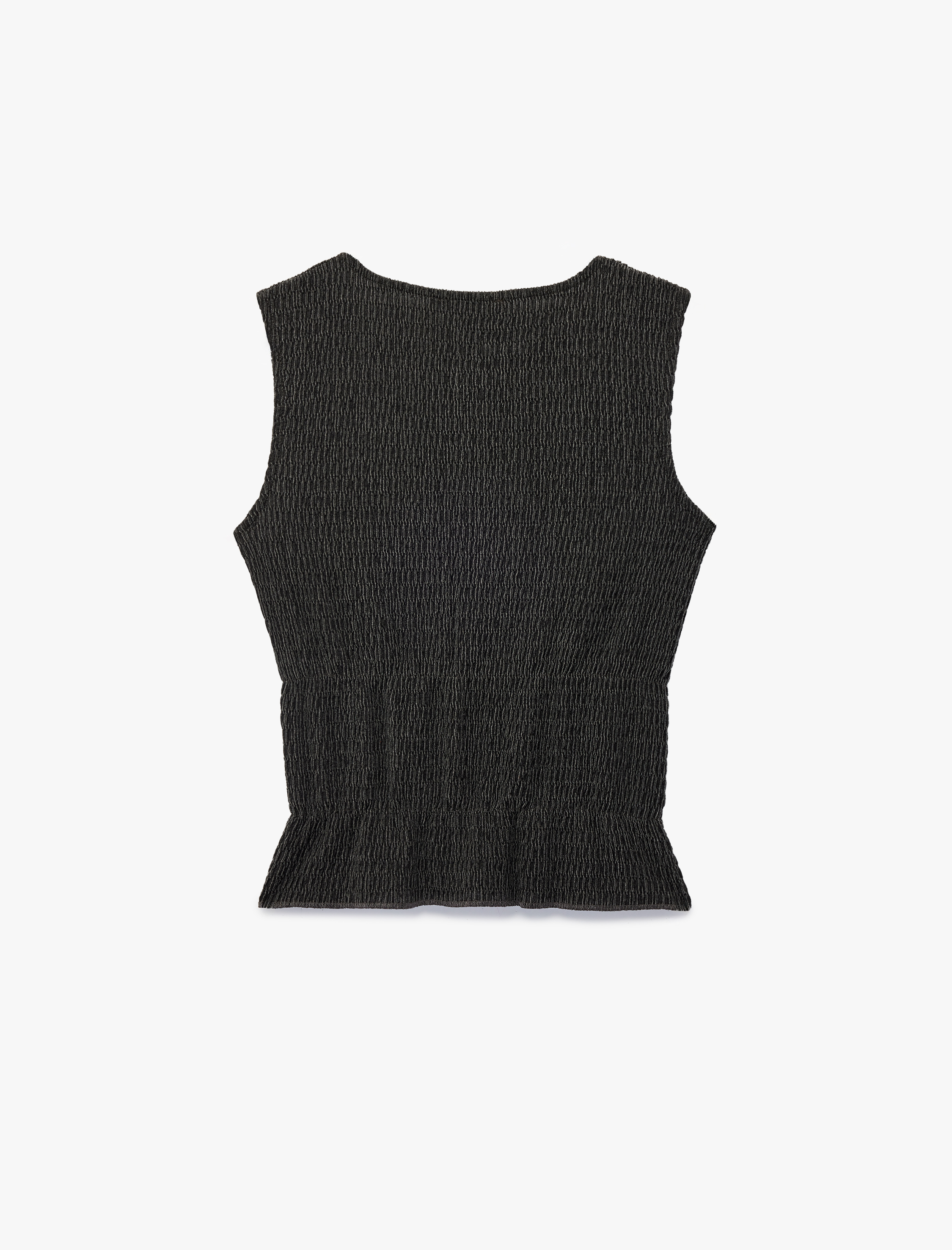   Bürümcük Kumaş Bisiklet Yaka Önden Bağlamalı Fiyonk Detaylı Kolsuz Bluz