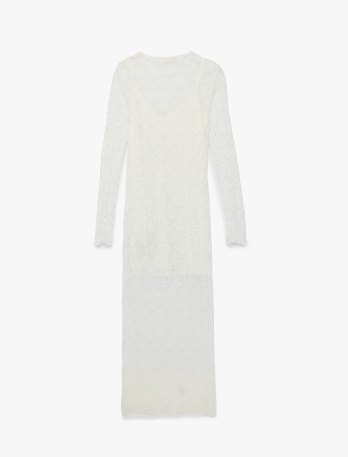  Astarlı Slim Fit Uzun Kollu Yuvarlak Yaka Dantel Uzun Elbise