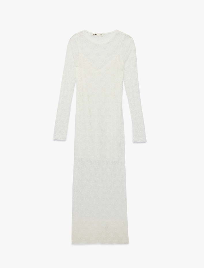  Astarlı Slim Fit Uzun Kollu Yuvarlak Yaka Dantel Uzun Elbise