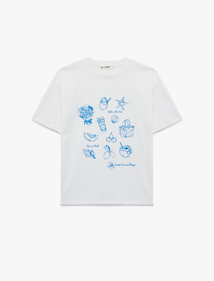  Rahat Kalıp Kısa Kollu Bisiklet Yaka Pamuklu Baskılı Tişört