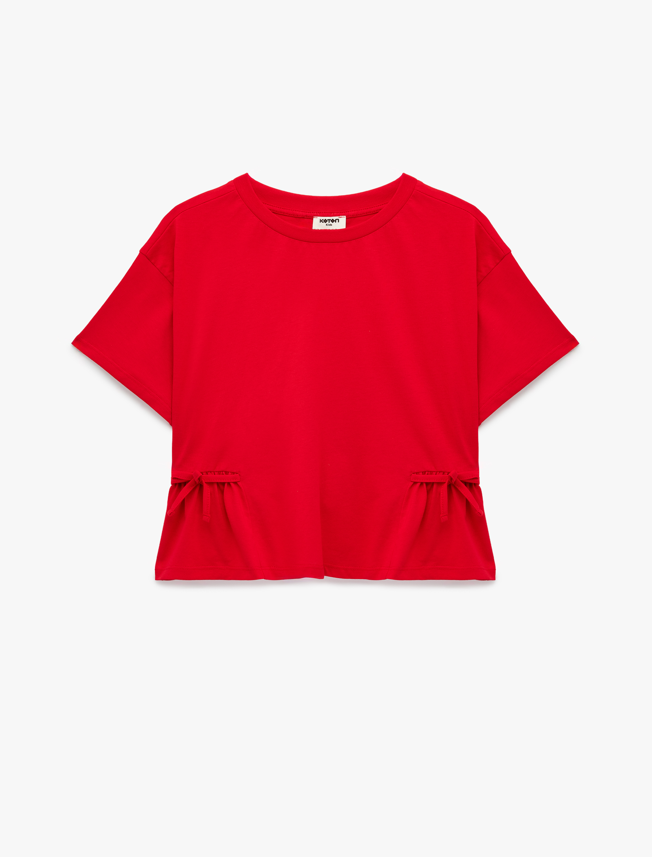  Kız Çocuk Bisiklet Yaka Kısa Kollu Pamuklu Büzgülü Tişört