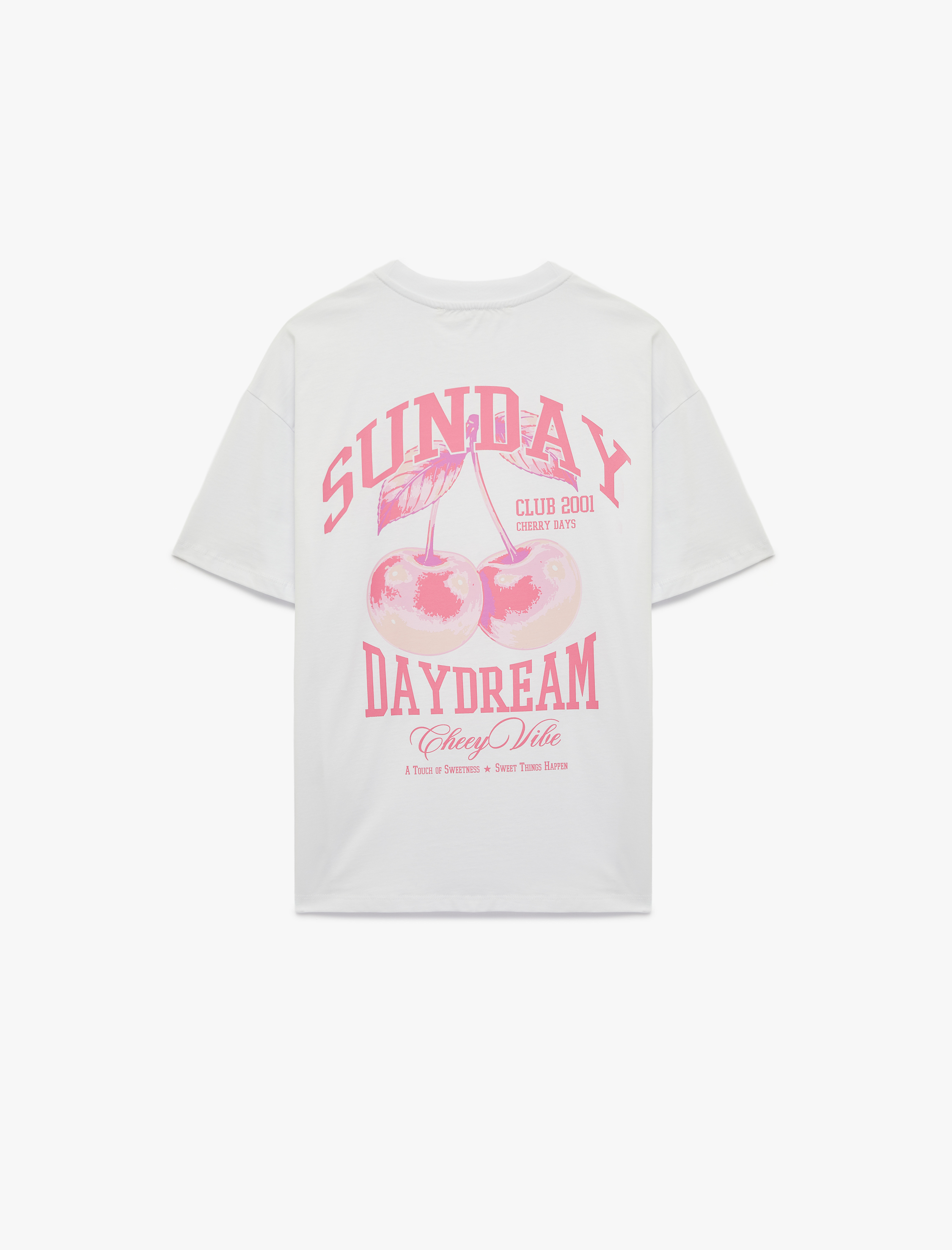   Rahat Kalıp Kısa Kollu Bisiklet Yaka Arkası Kiraz Baskılı Tişört