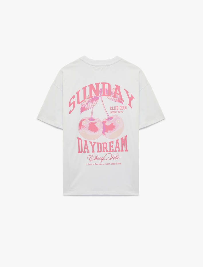  Rahat Kalıp Kısa Kollu Bisiklet Yaka Arkası Kiraz Baskılı Tişört