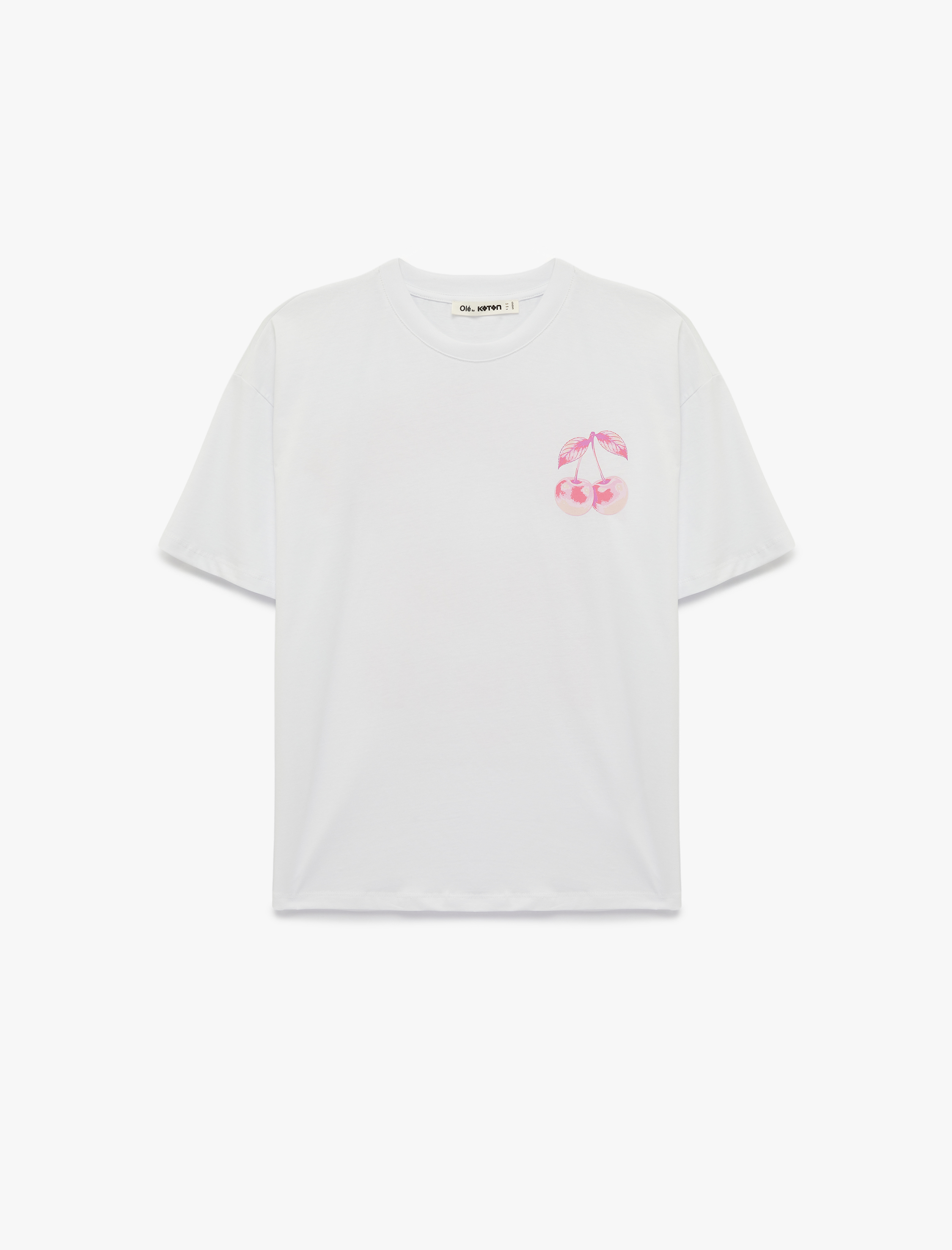   Rahat Kalıp Kısa Kollu Bisiklet Yaka Arkası Kiraz Baskılı Tişört