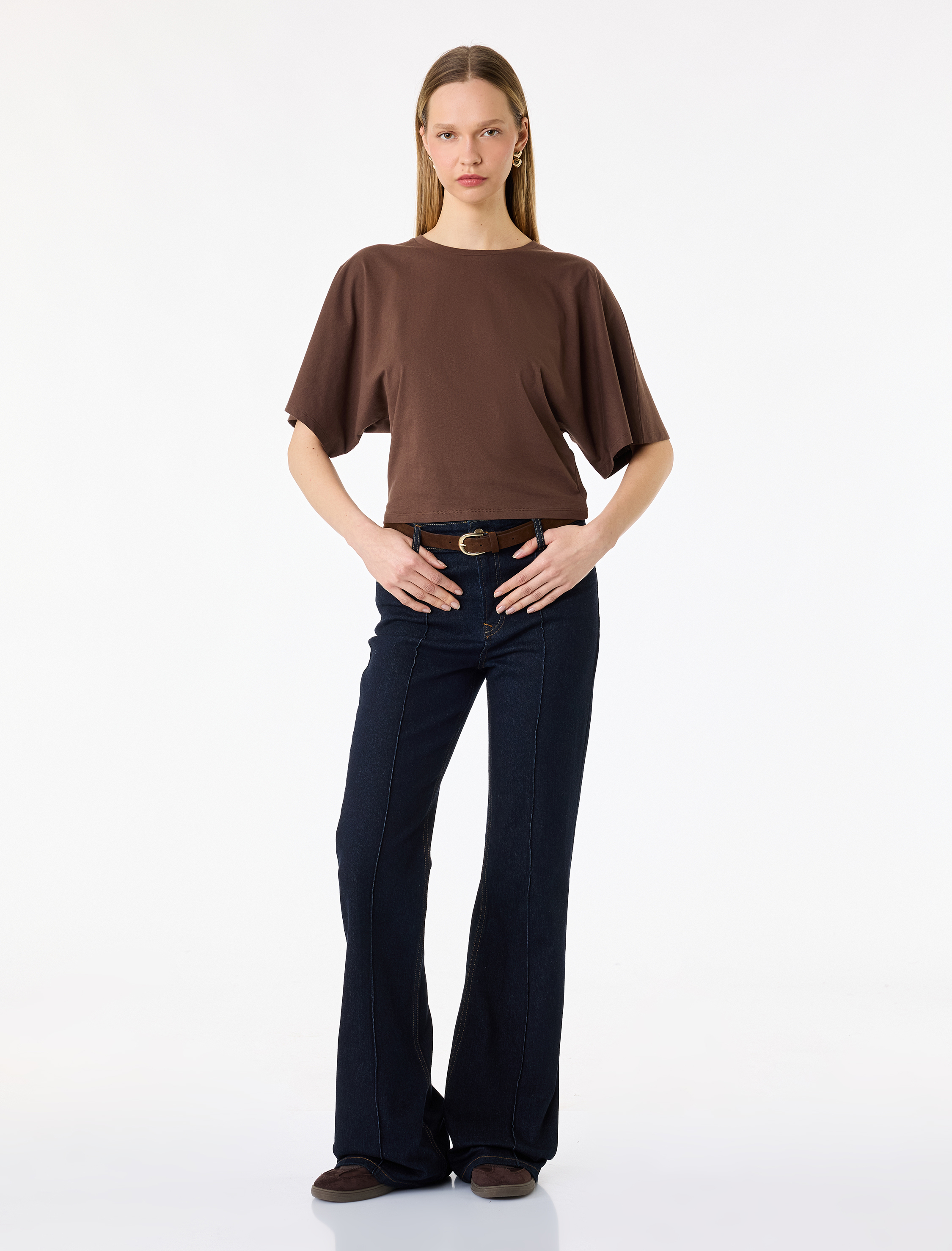   Pamuklu Slim Fit Kısa Yarasa Kollu Bisiklet Yaka Tişört