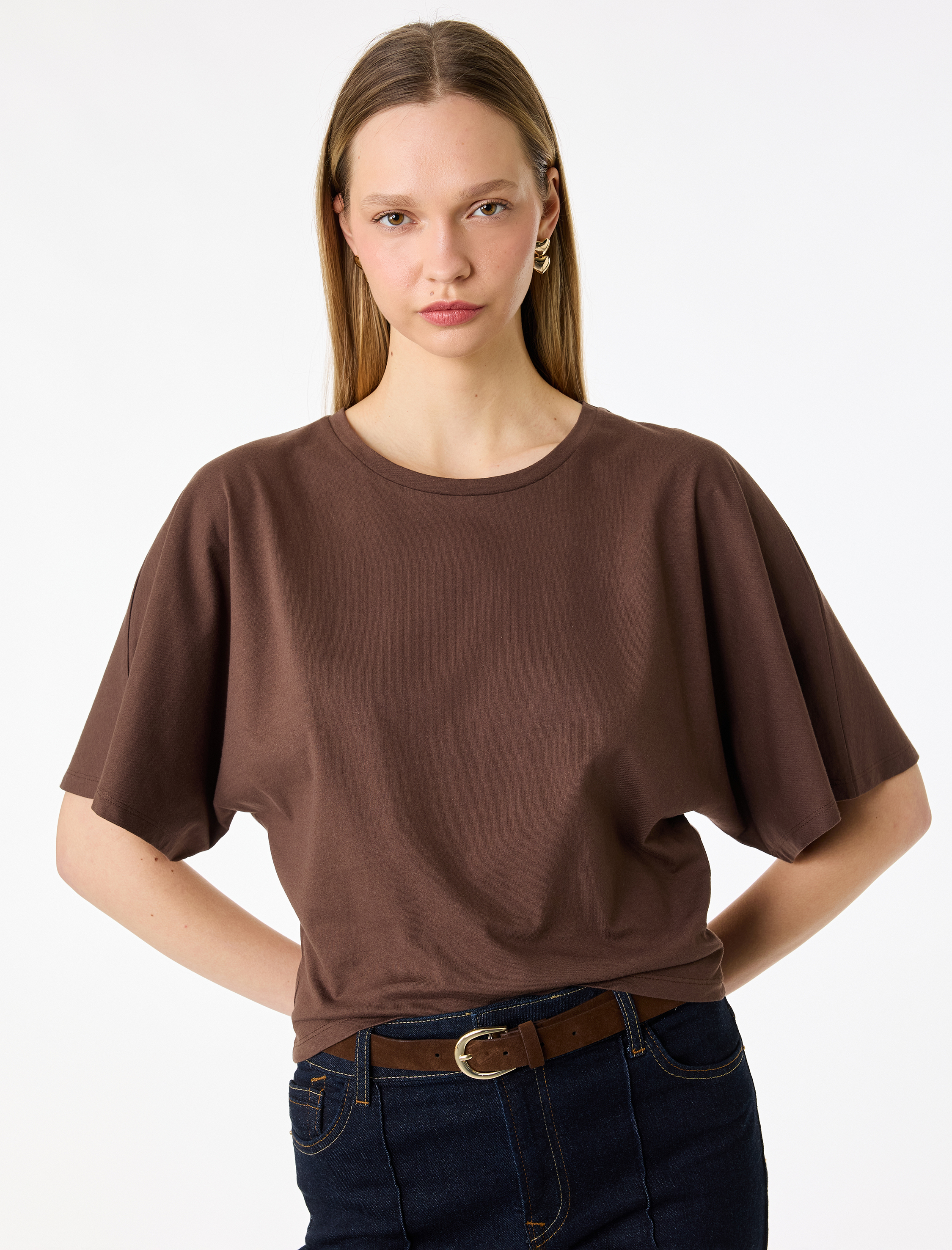   Pamuklu Slim Fit Kısa Yarasa Kollu Bisiklet Yaka Tişört