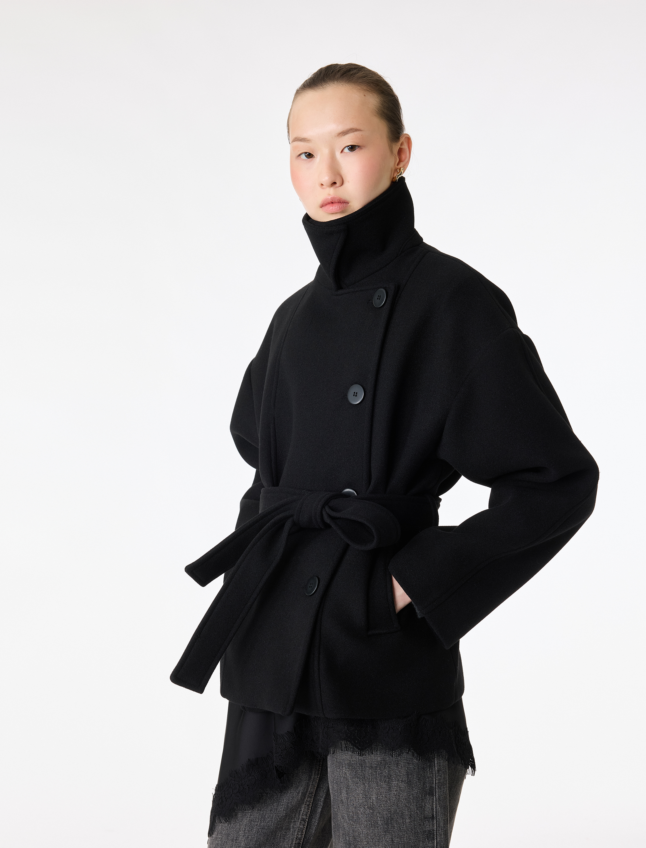   Uzun Kollu Düğmeli Cepli Kruvaze Kemerli Kısa Kaşe Kaban