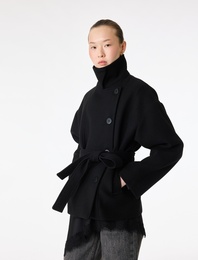 Uzun Kollu Düğmeli Cepli Kruvaze Kemerli Kısa Kaşe Kaban