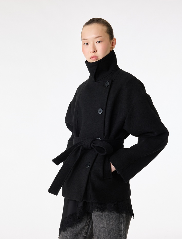  Uzun Kollu Düğmeli Cepli Kruvaze Kemerli Kısa Kaşe Kaban