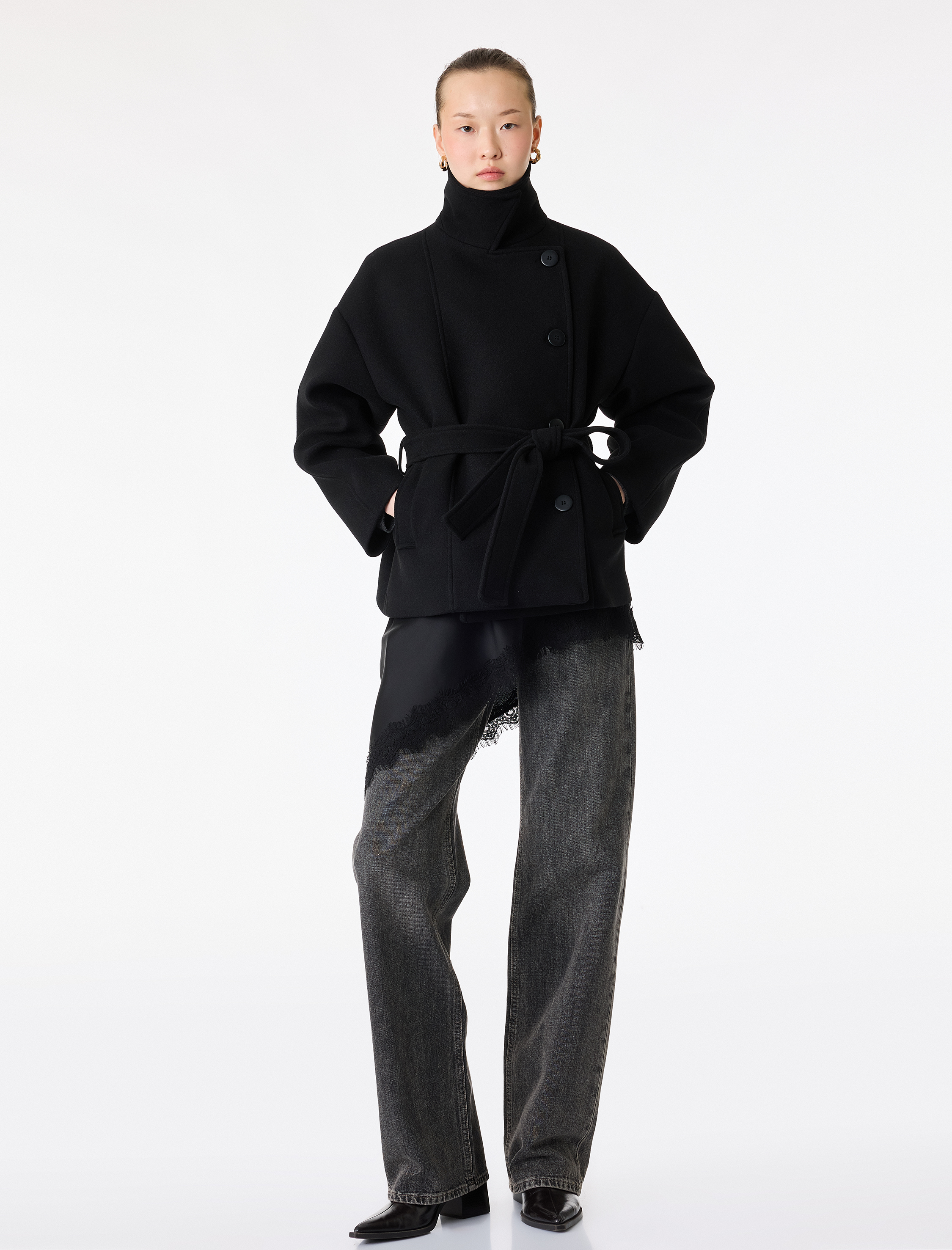   Uzun Kollu Düğmeli Cepli Kruvaze Kemerli Kısa Kaşe Kaban