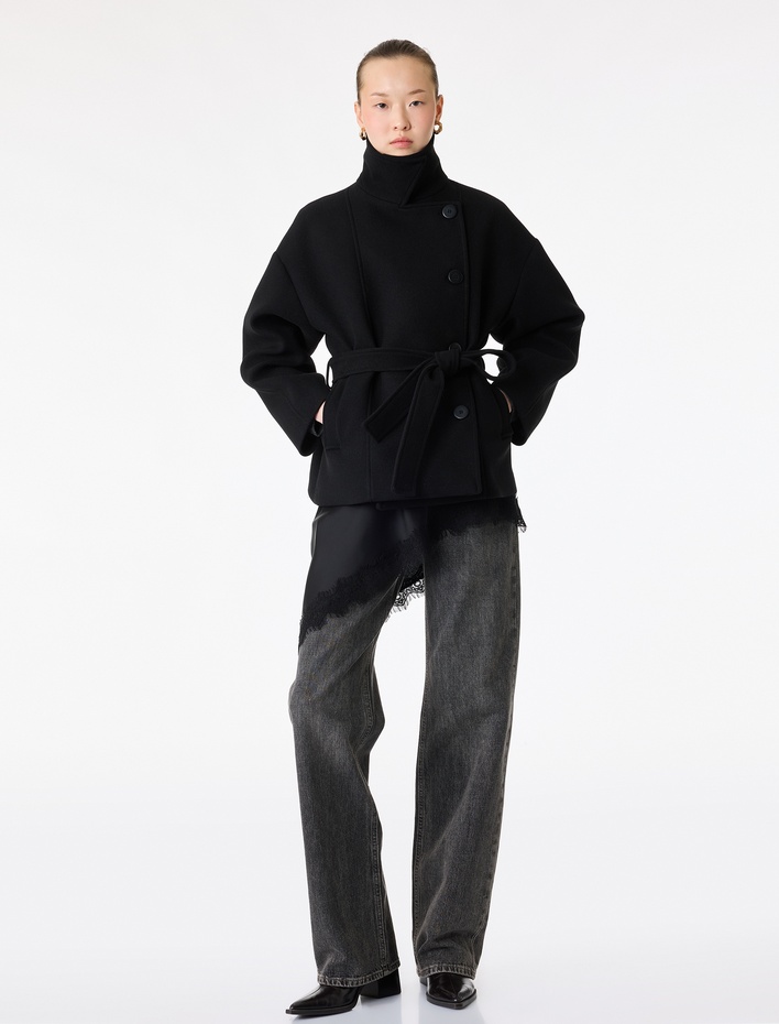  Uzun Kollu Düğmeli Cepli Kruvaze Kemerli Kısa Kaşe Kaban