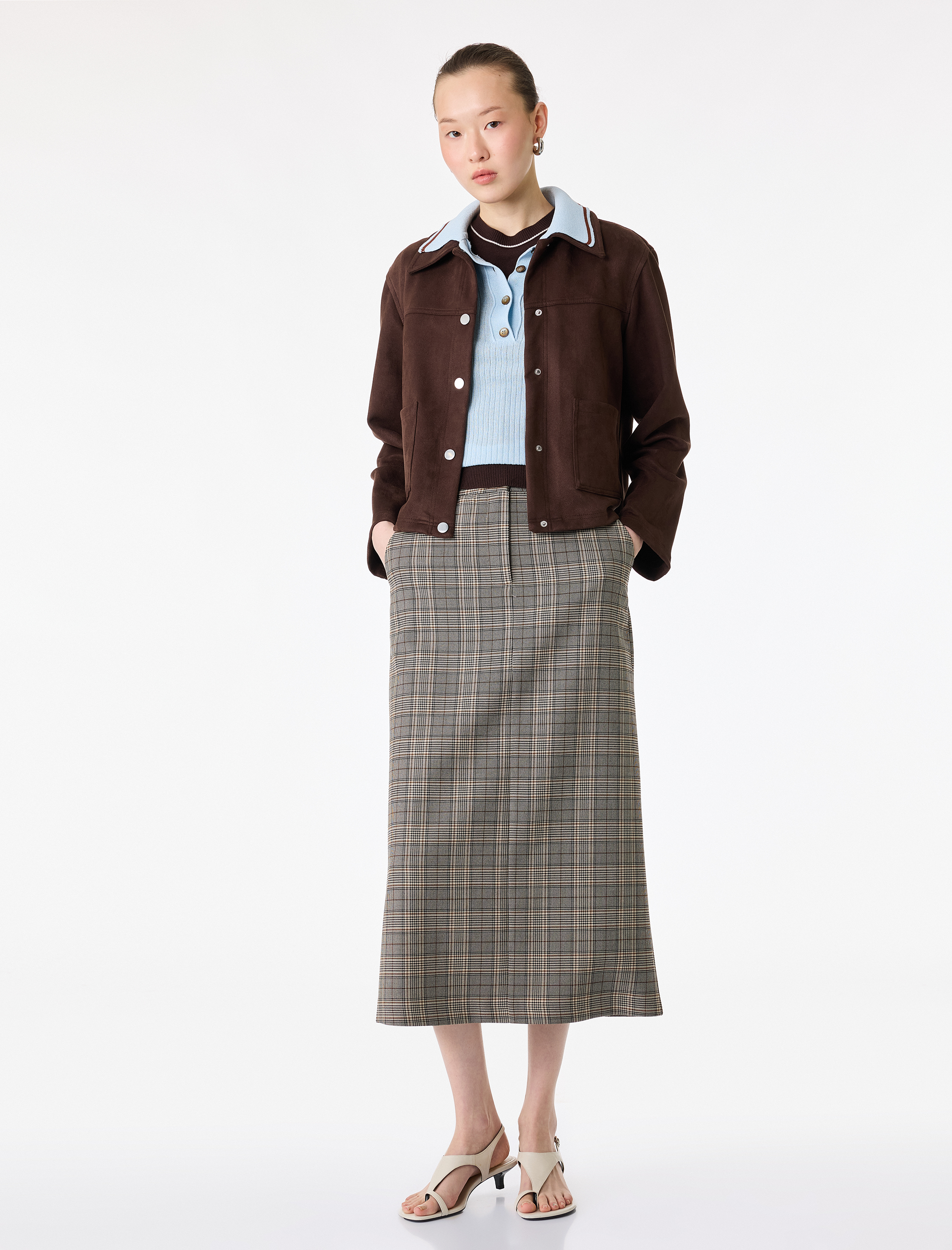   Yırtmaç Detaylı Ekose Kalem Etek