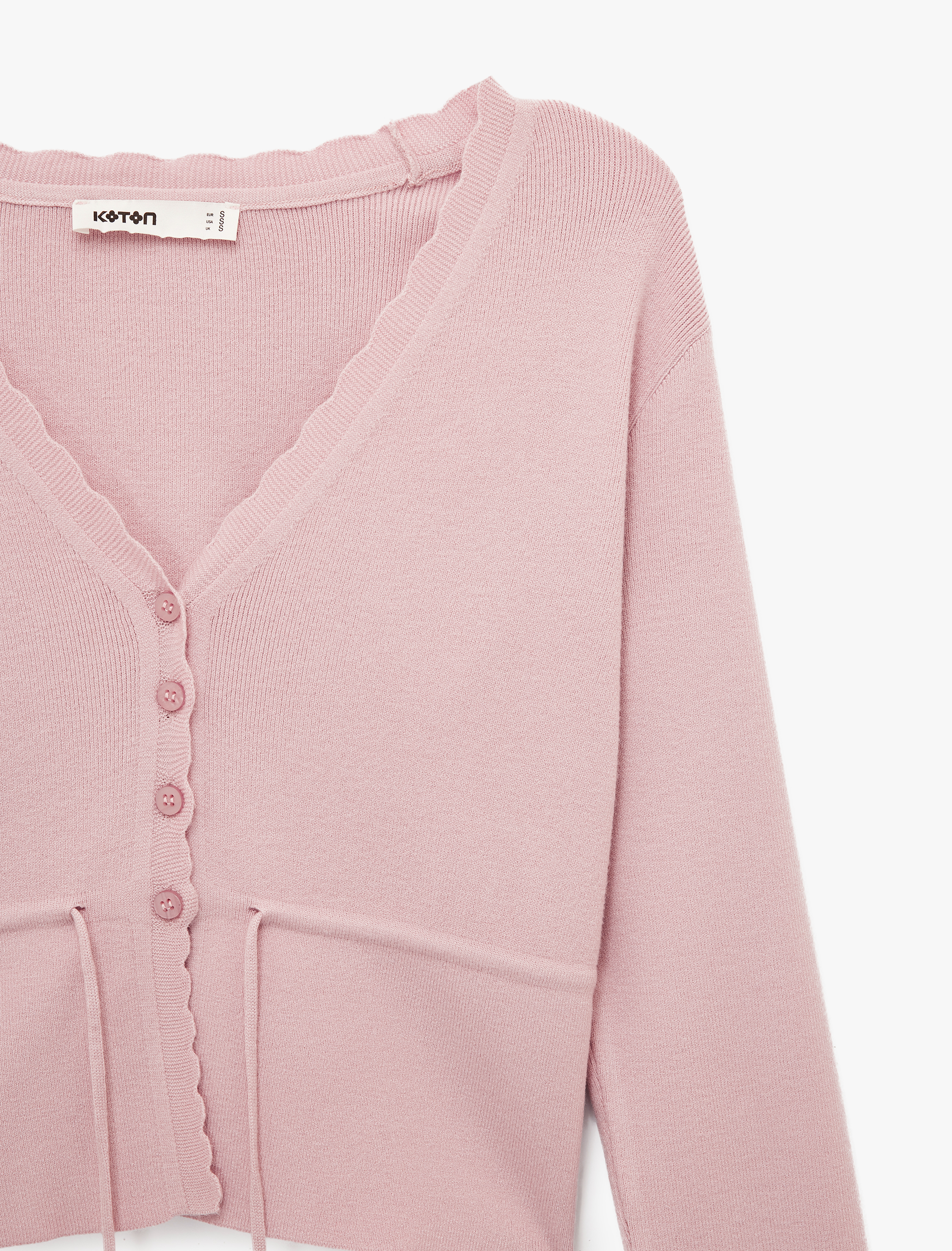   Uzun Kollu Beli Bağcıklı Düğmeli V Yaka Triko Hırka