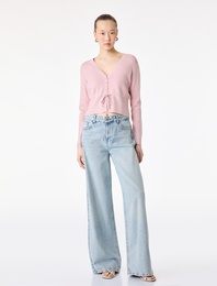 Uzun Kollu Beli Bağcıklı Düğmeli V Yaka Triko Hırka