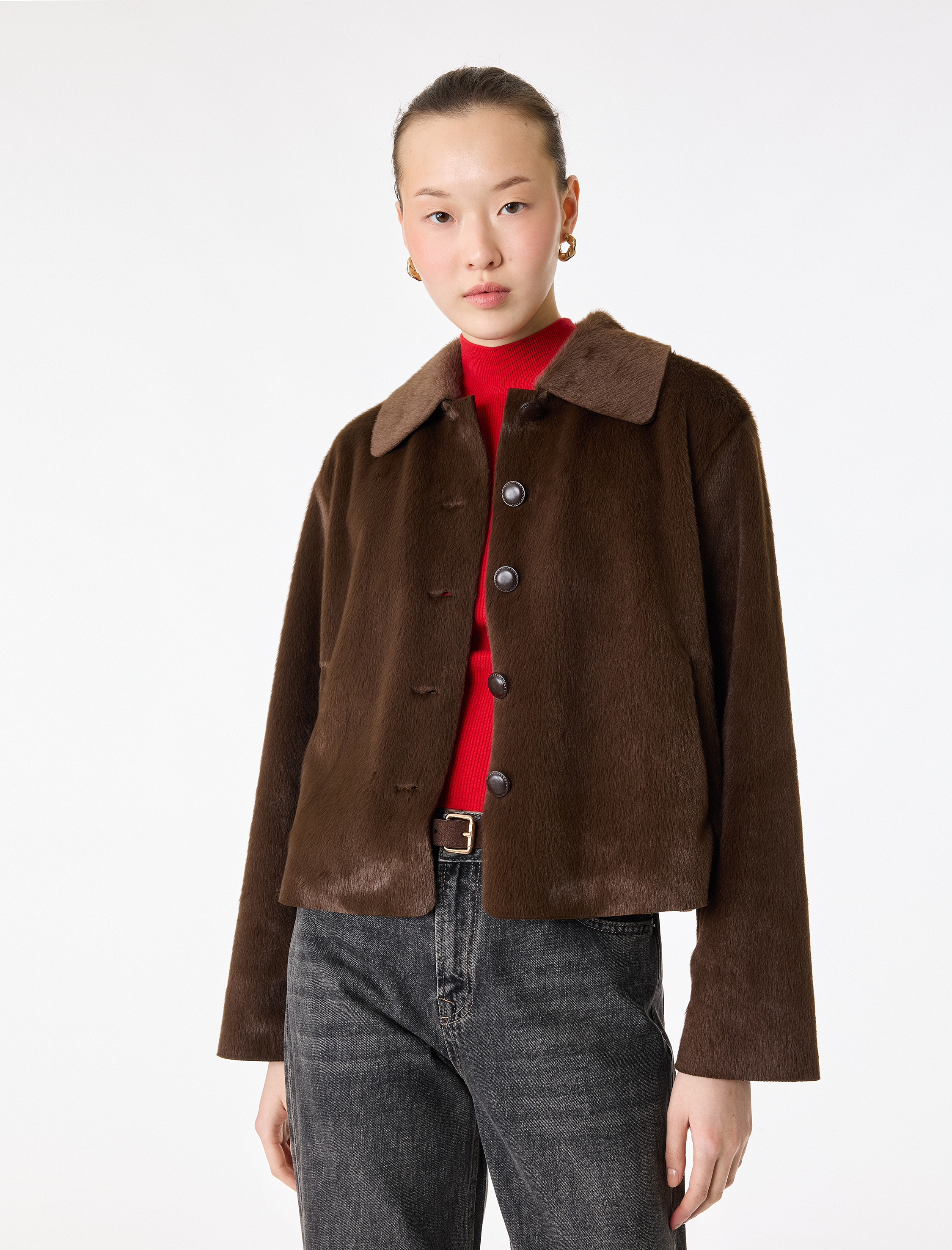   Koton X Sima Tarkan - Suni Kürk Mont Crop Uzun Kollu Düğmeli Cepli