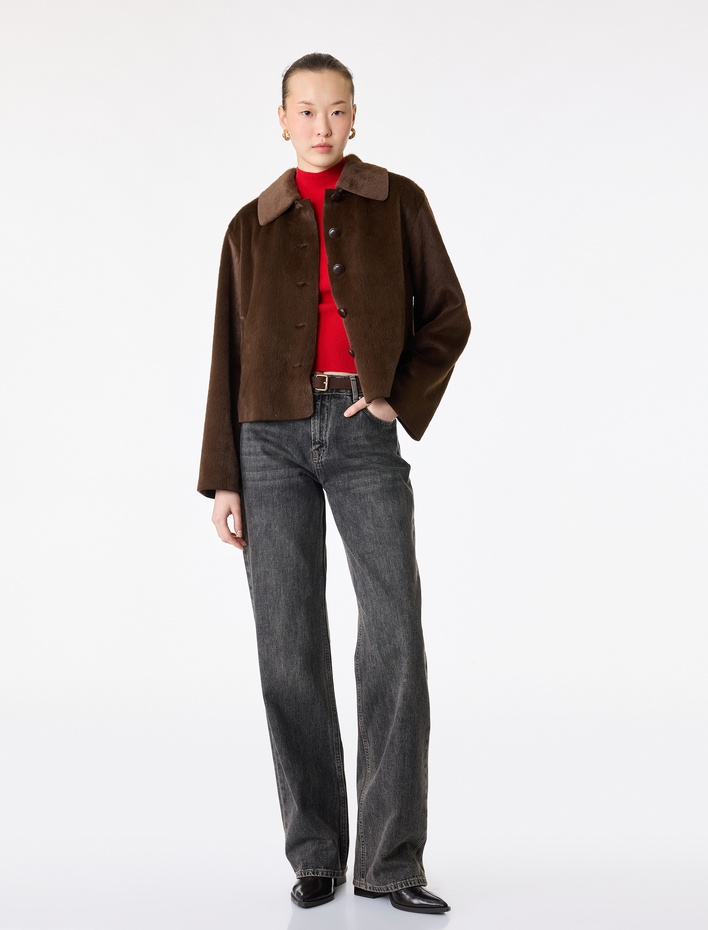  Koton X Sima Tarkan - Suni Kürk Mont Crop Uzun Kollu Düğmeli Cepli