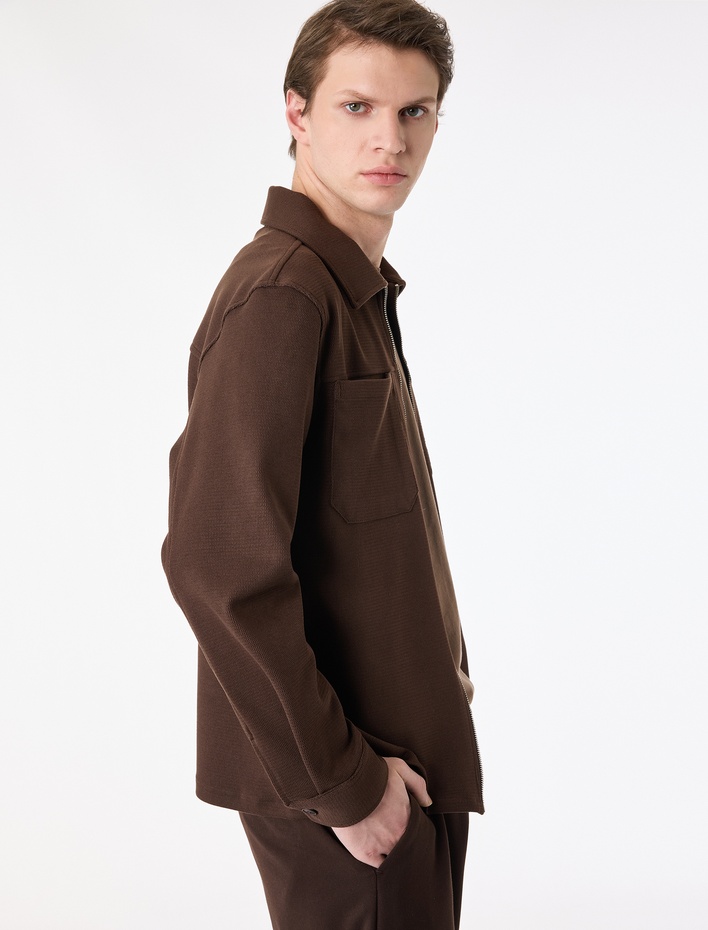  Uzun Kollu Cepli Klasik Yaka Fermuarlı Gömlek Ceket