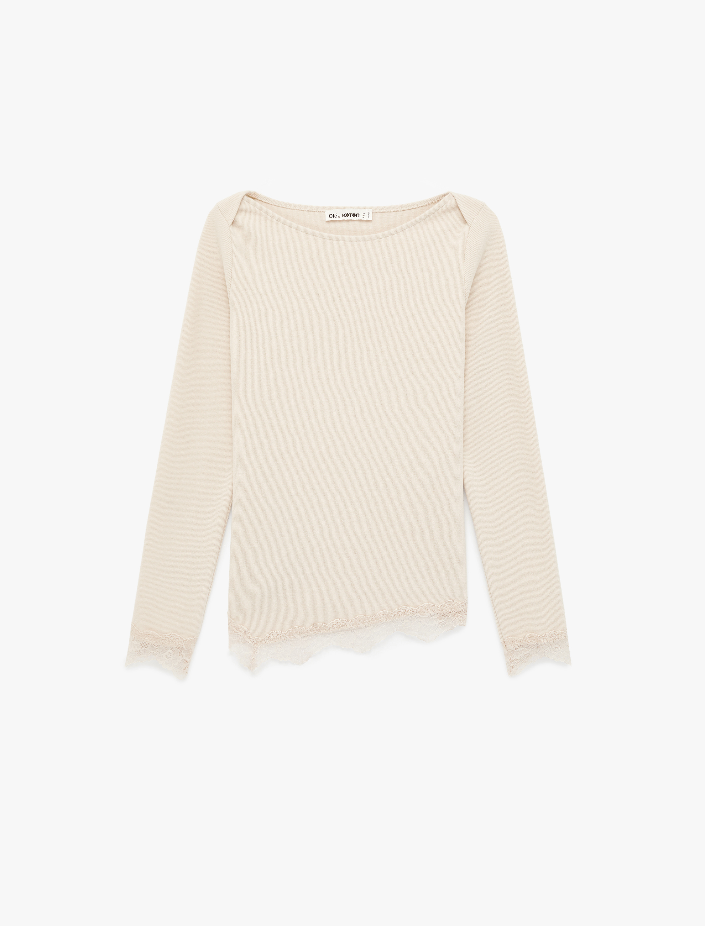   Dantel Detaylı Asimetrik Kesim Kayık Yaka Uzun Kollu Tişört