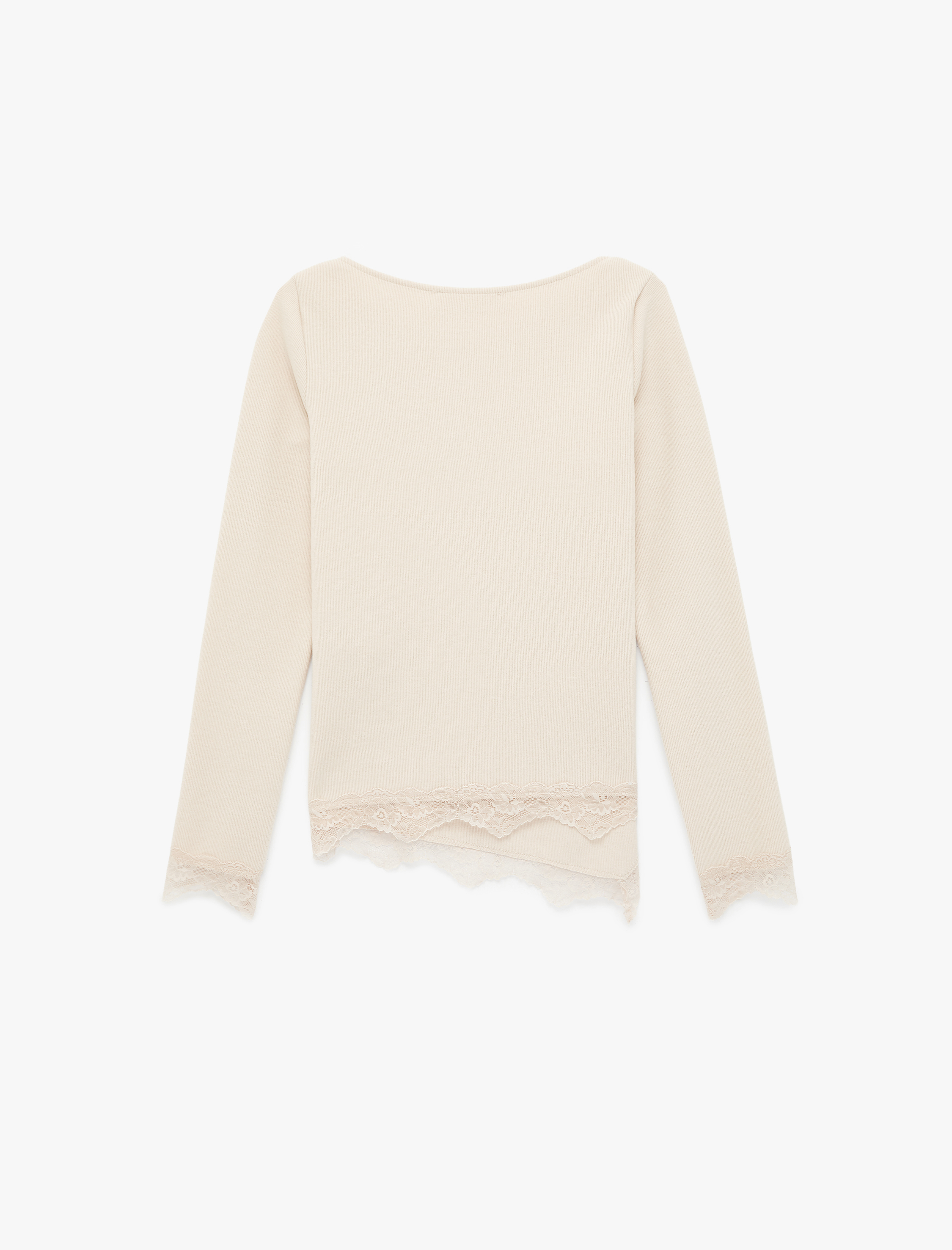   Dantel Detaylı Asimetrik Kesim Kayık Yaka Uzun Kollu Tişört