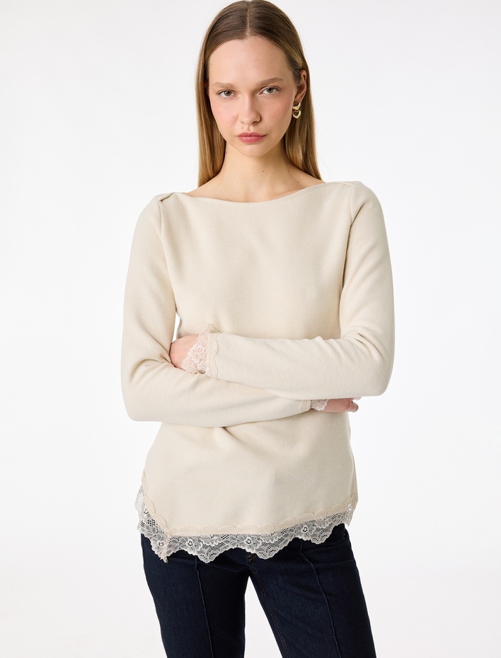  Dantel Detaylı Asimetrik Kesim Kayık Yaka Uzun Kollu Tişört