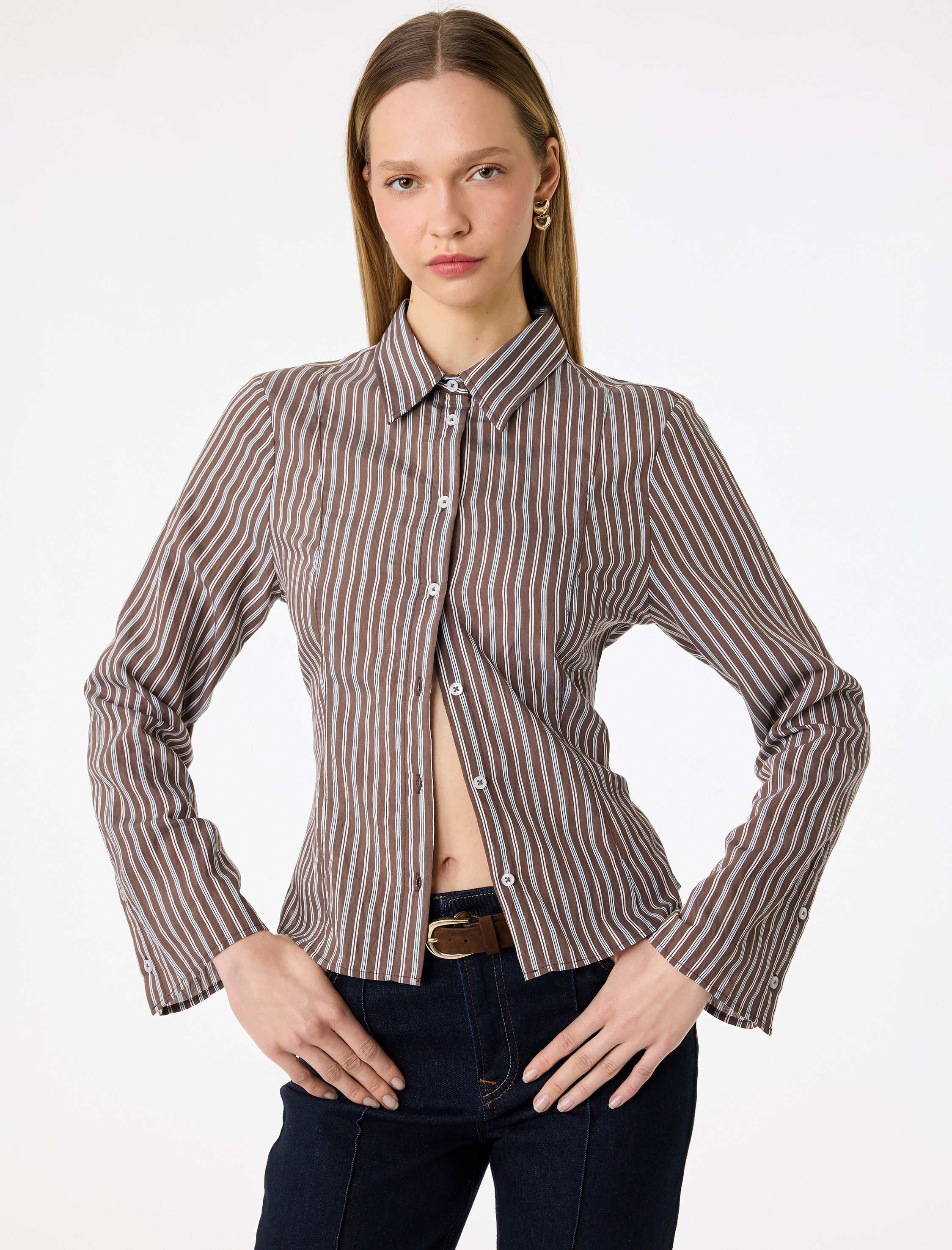   Uzun Kollu Klasik Yaka Slim Fit Viskon Çizgili Gömlek