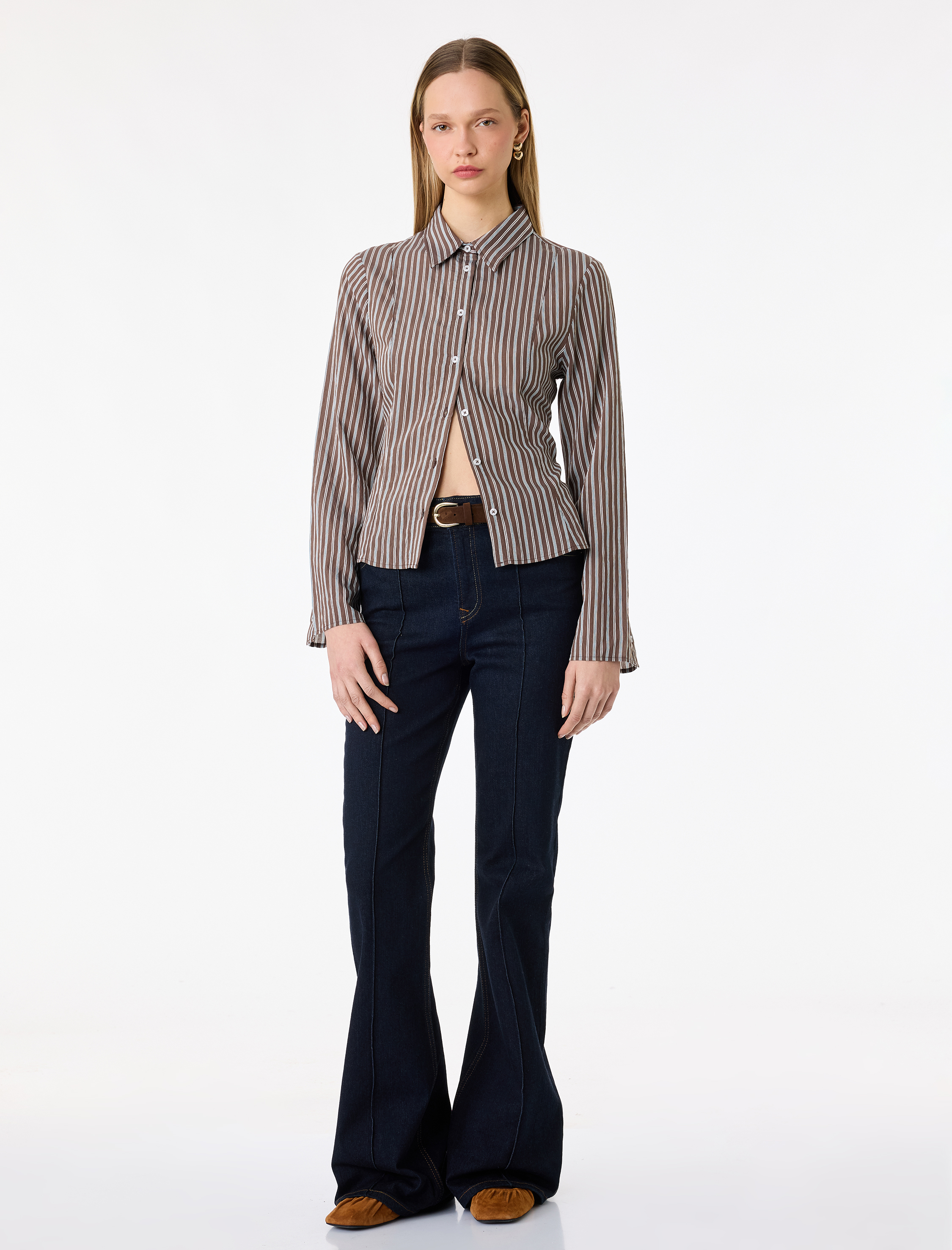   Uzun Kollu Klasik Yaka Slim Fit Viskon Çizgili Gömlek