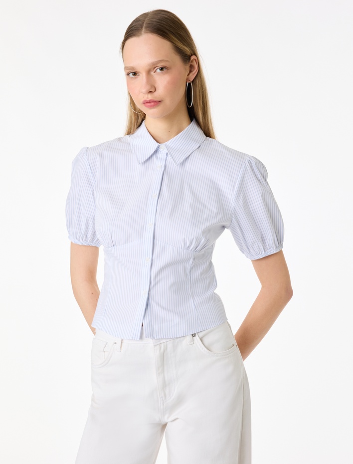  Pamuklu Slim Fit Kısa Kollu Çizgili Gömlek