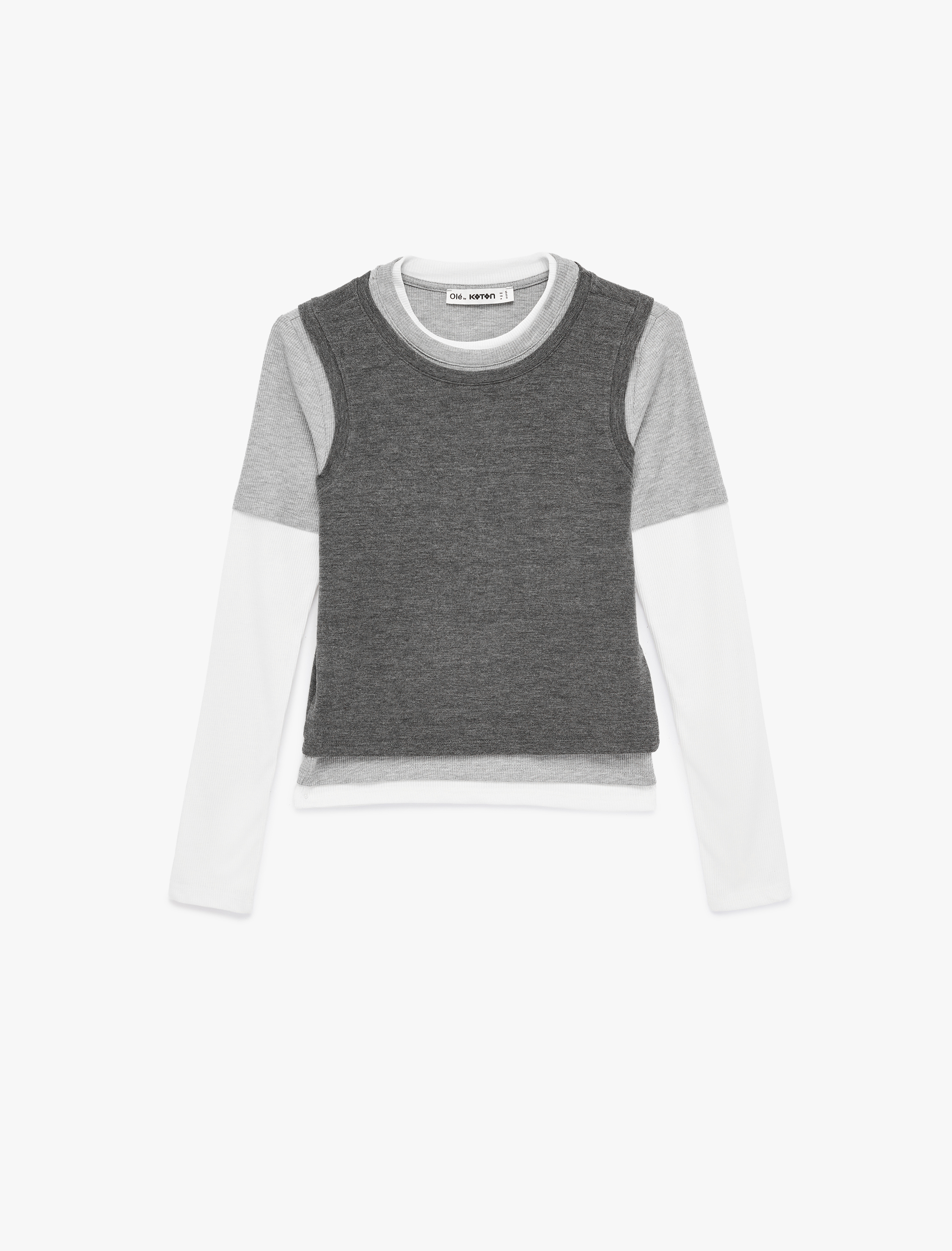   Slim Fit Uzun Kollu Renk Bloklu Bisiklet Yaka Tişört