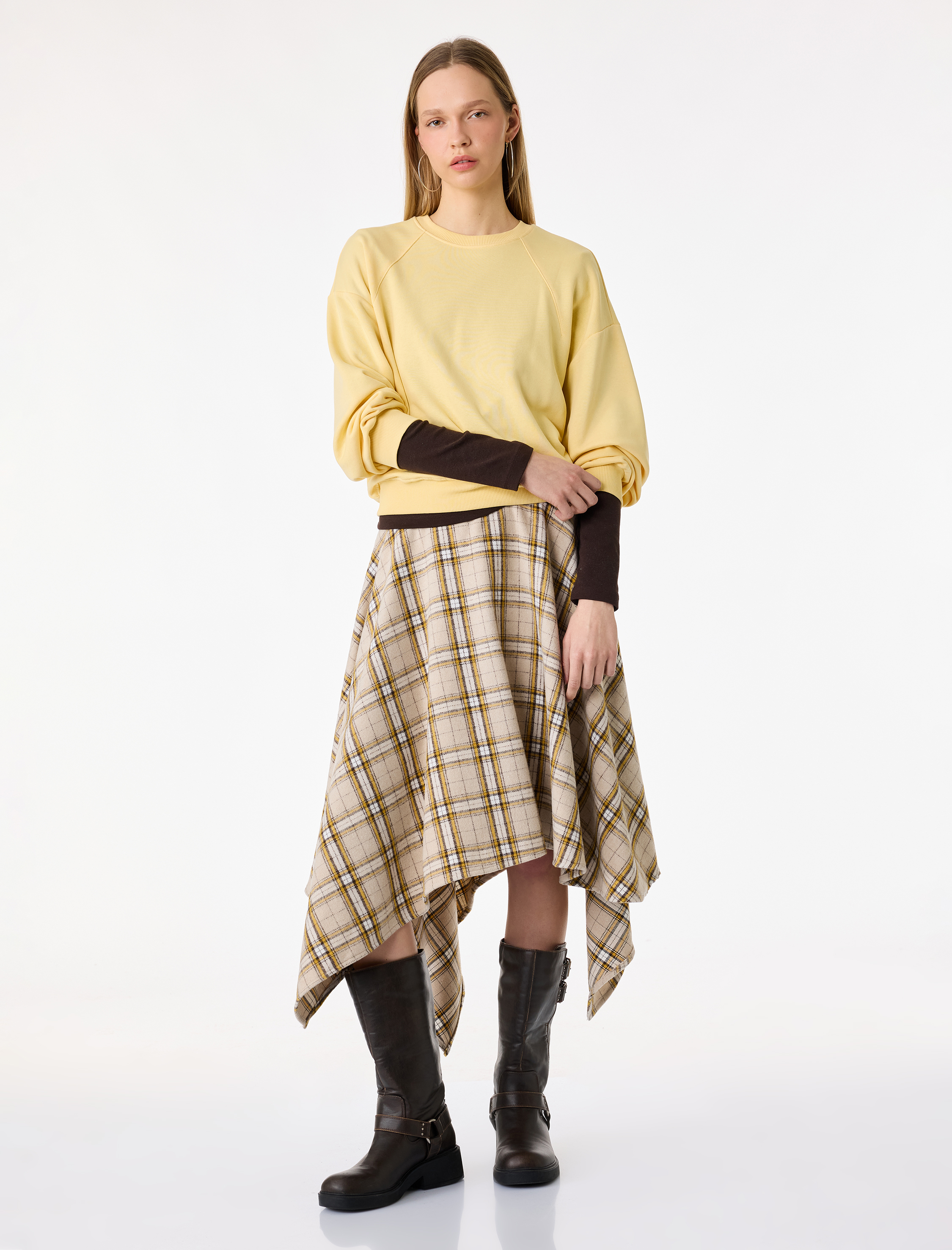   Asimetrik Kesim Ekoseli Midi Etek