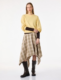 Asimetrik Kesim Ekoseli Midi Etek