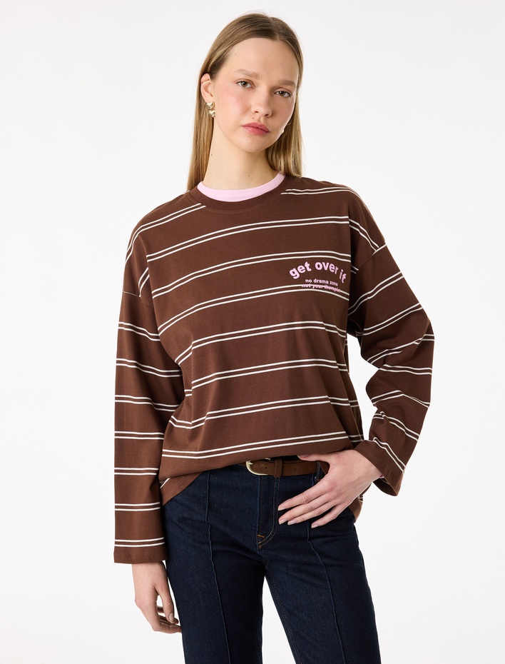  Baskılı Bisiklet Yaka Rahat Kalıp Pamuklu Uzun Kollu Tişört