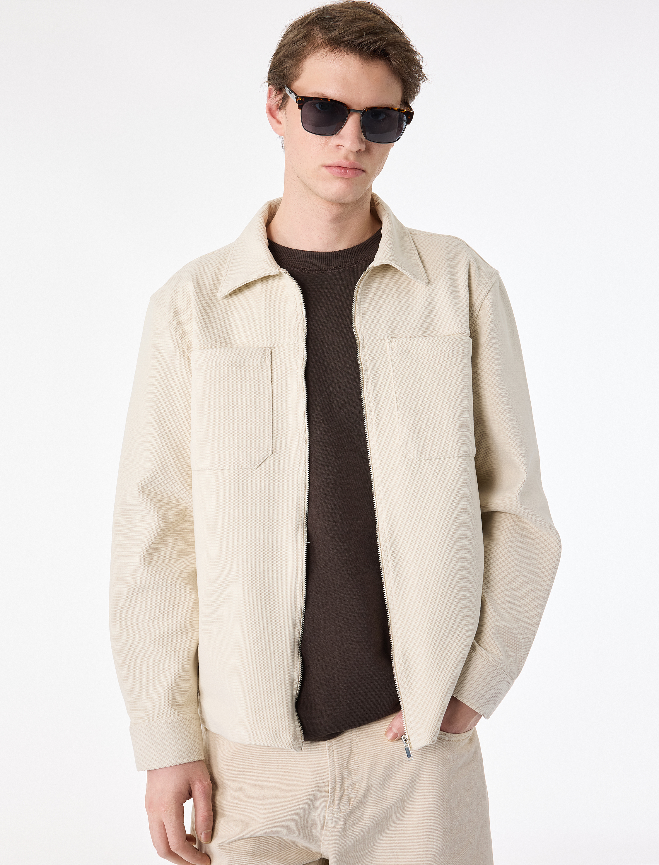   Uzun Kollu Cepli Klasik Yaka Fermuarlı Gömlek Ceket