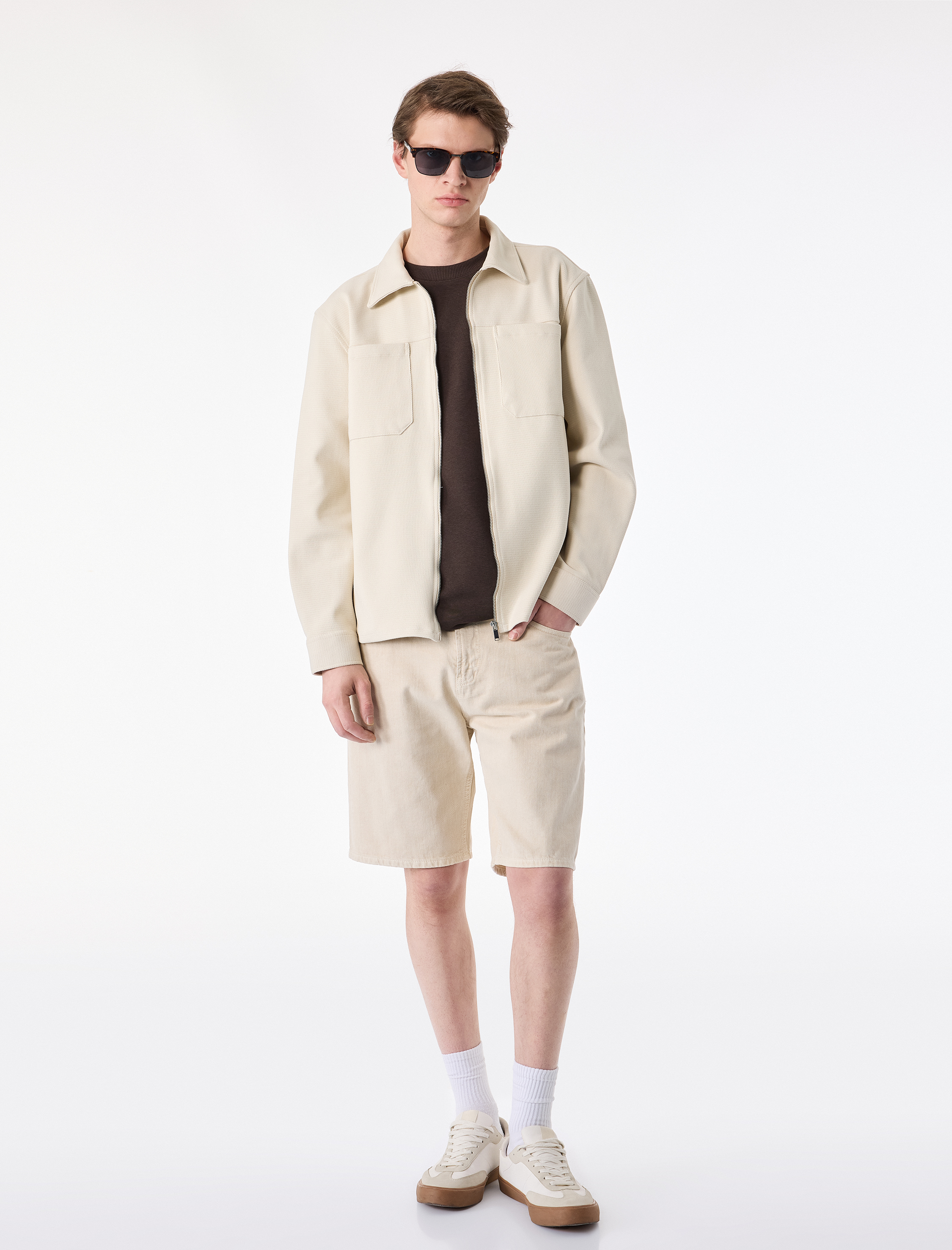   Uzun Kollu Cepli Klasik Yaka Fermuarlı Gömlek Ceket