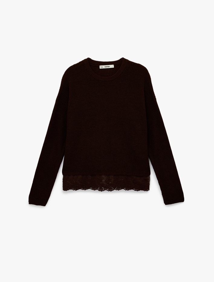  Dantel Detaylı Uzun Kollu Bisiklet Yaka Triko Kazak