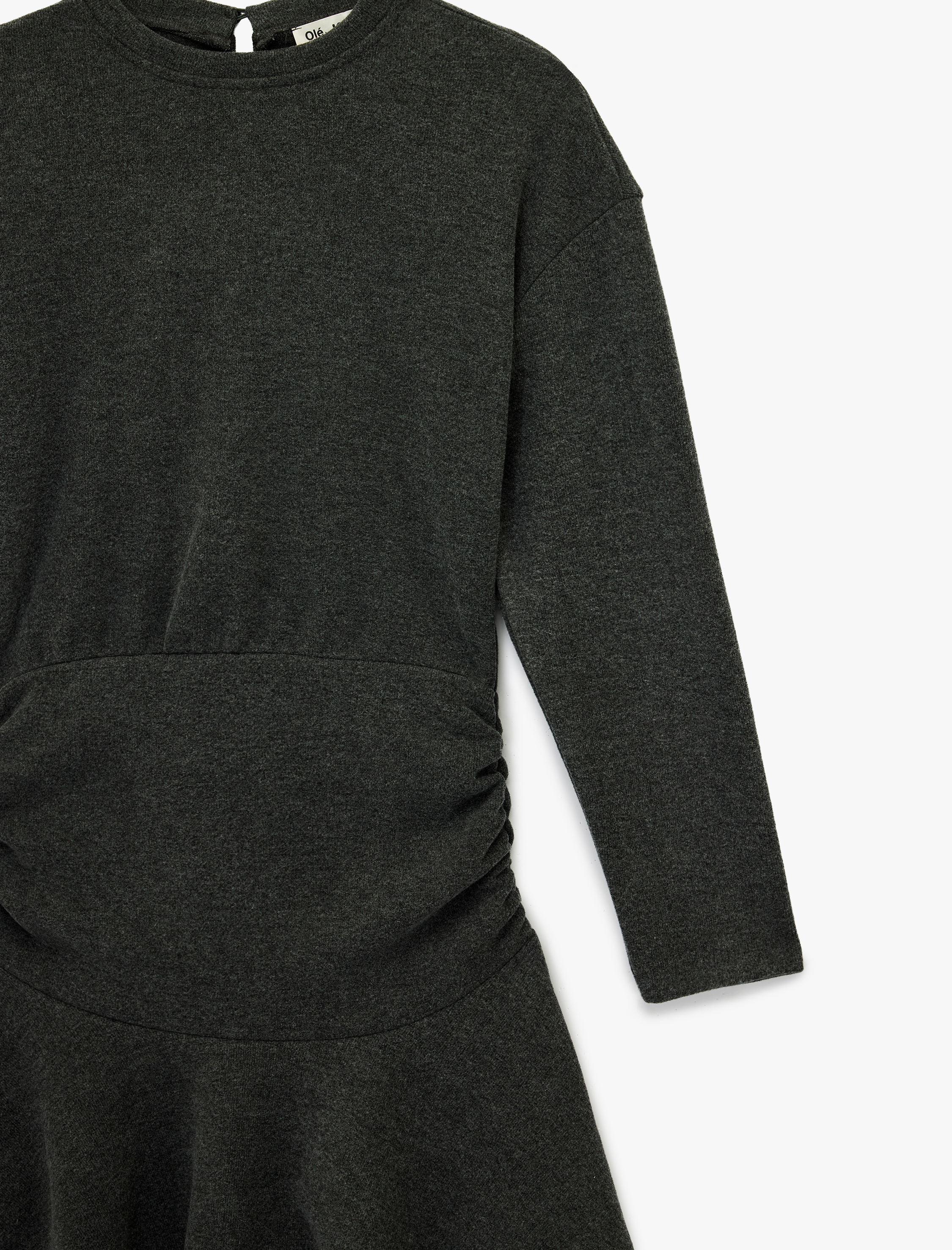   Rahat Kalıp Büzgülü Uzun Kollu Bisiklet Yaka Volanlı Mini Elbise