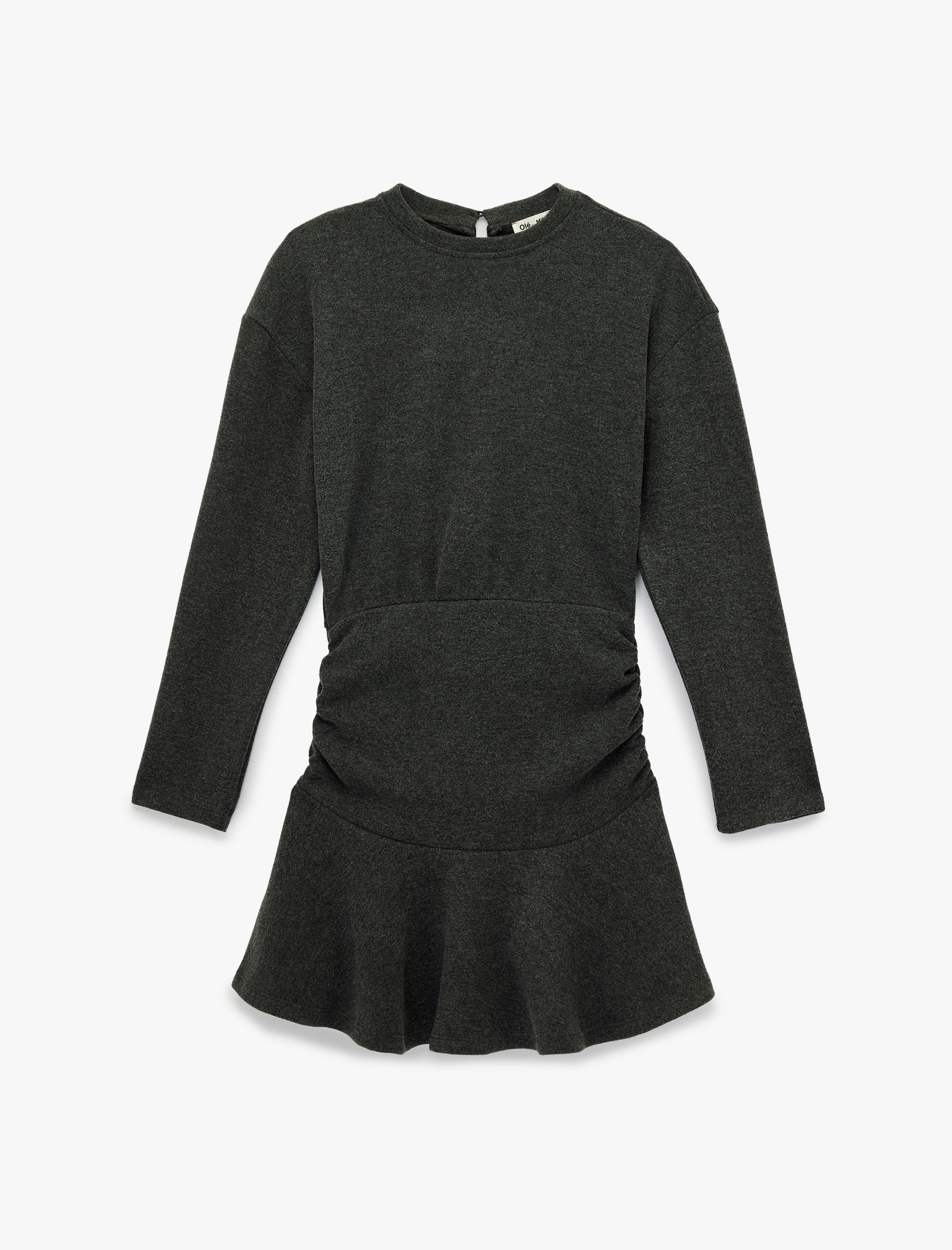   Rahat Kalıp Büzgülü Uzun Kollu Bisiklet Yaka Volanlı Mini Elbise