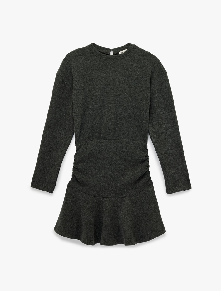  Rahat Kalıp Büzgülü Uzun Kollu Bisiklet Yaka Volanlı Mini Elbise