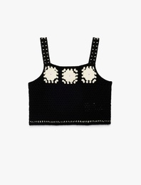 Pamuklu Desenli Kare Yaka Crop Askılı Triko Atlet