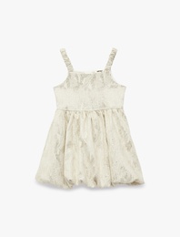 Kare Yaka Desenli Balon Form Askılı Elbise